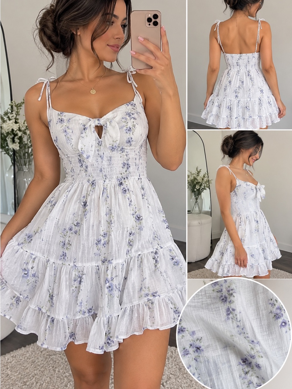 White Floral Tie-Front Sundress with Ruffled Skirt